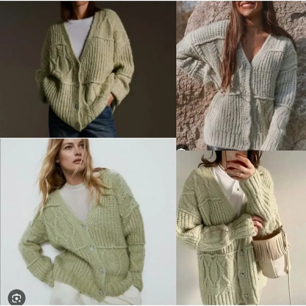 Zara Jeweled Button Chunky Knit Cardigan Blogger Favorite Sage Medium